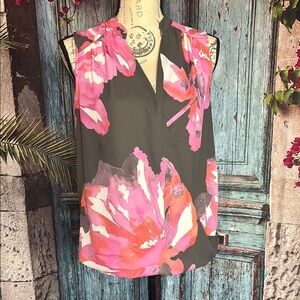 INC International Concepts Sleeveless Pink & Grey Floral Wrap‎ Blouse, size med
